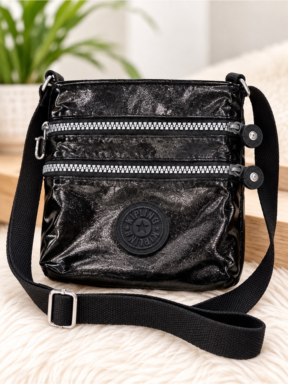 Kipling Black Metallic Crossbody Bag Small Multi Pocket Adjustable Strap